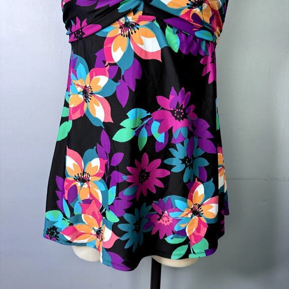 Tropical Escape Floral One Piece Halter Twist Swim Dress Black Multi Womens Sz 6 - Picture 3 of 12